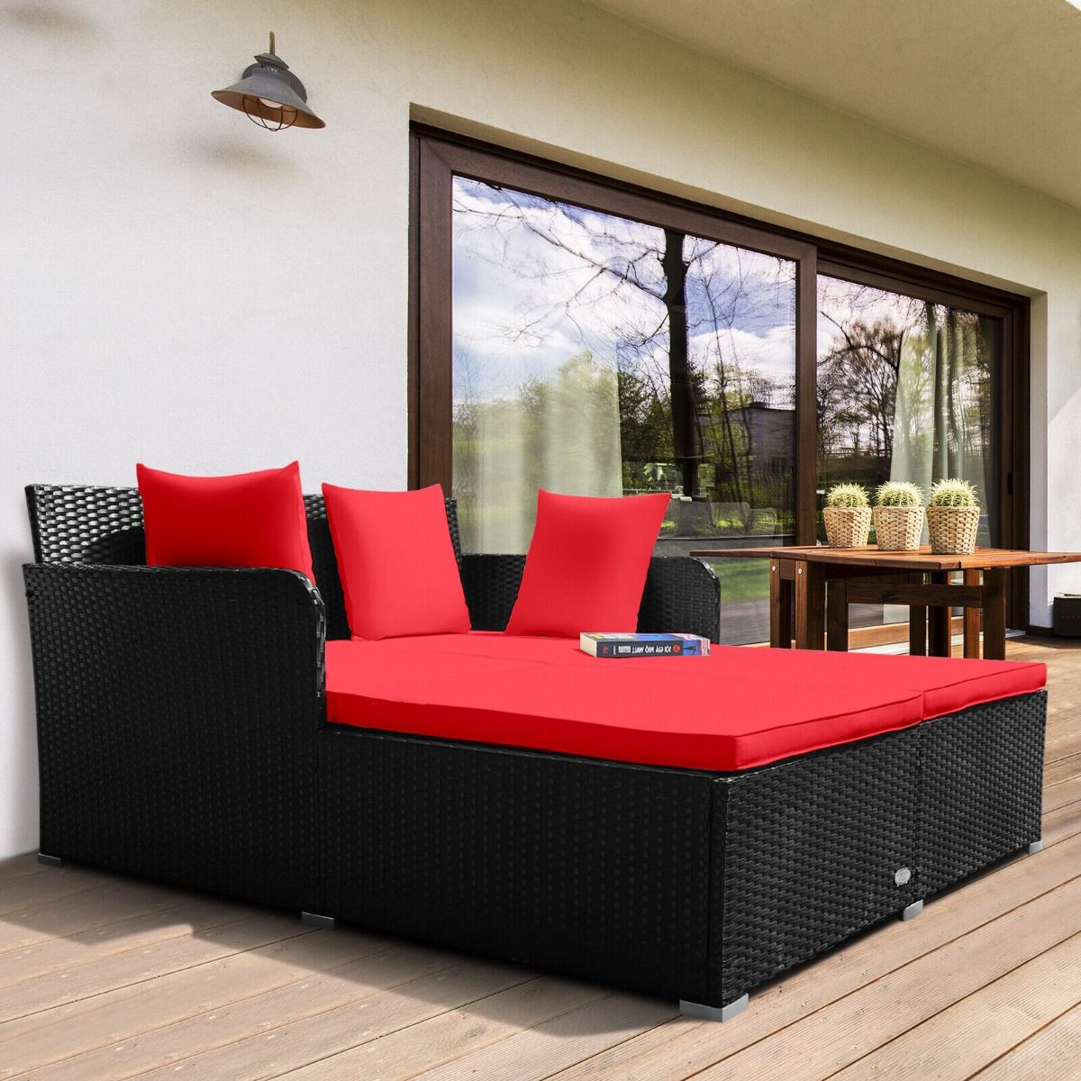 Rattan Garden 2 Seater Daybed Furniture Set with Cushions - Red